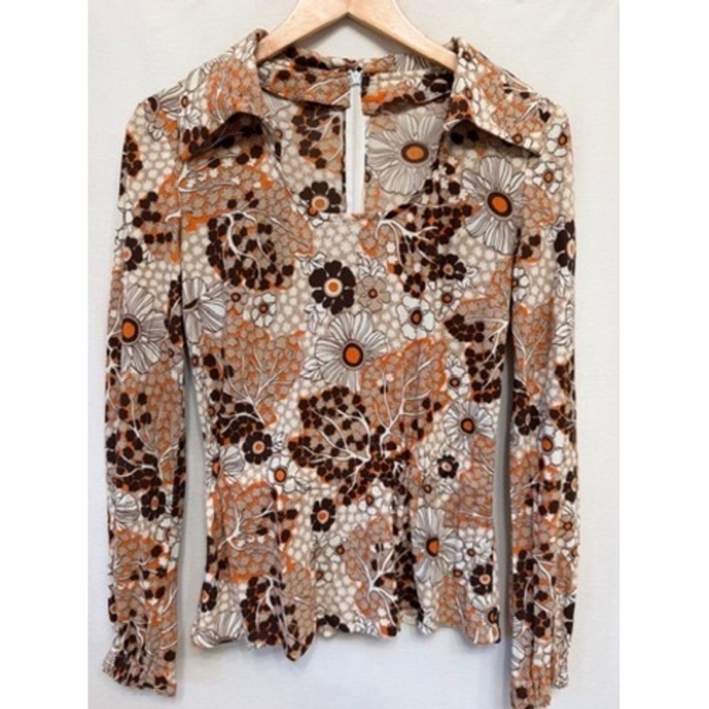 Vintage 70s Brown Orange Floral Dagger Collar Zip Back Top Small